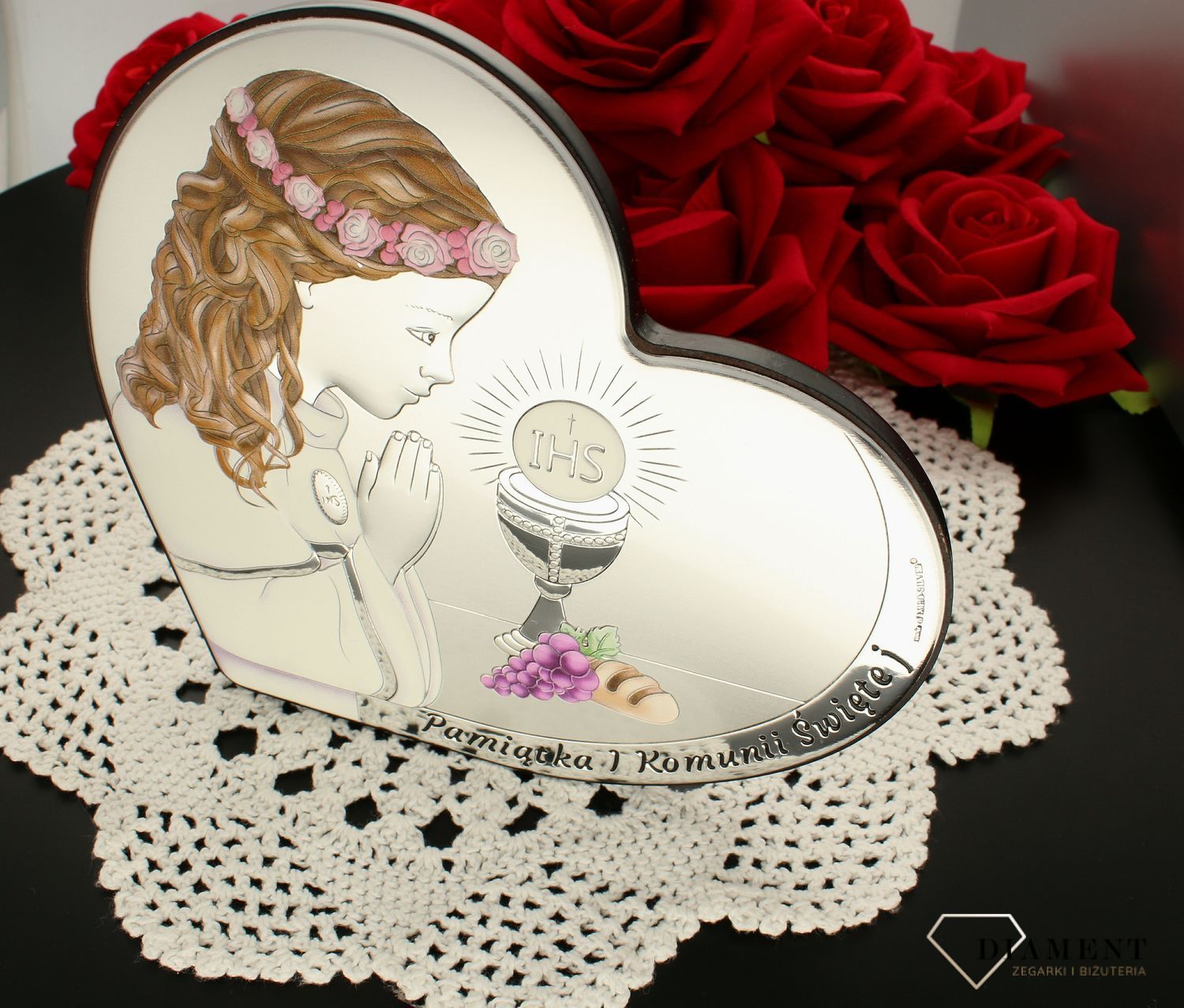 Obrazek srebrny Pierwsza Komunia Święta dla dziewczynki duży kolorowy 6800.3A COL. Pamiątka I komunii świętej. Prezent na komunię dla dziewczynki. Srebrny obrazek z grawerem..jpg